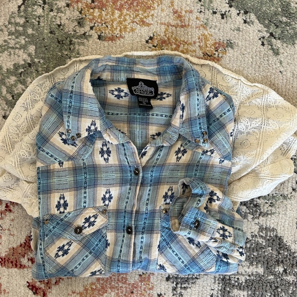 VTG 90s Angie Women S Southwestern Button Up Top Lace Peplum Blue Plaid Boho - Picture 13 of 15